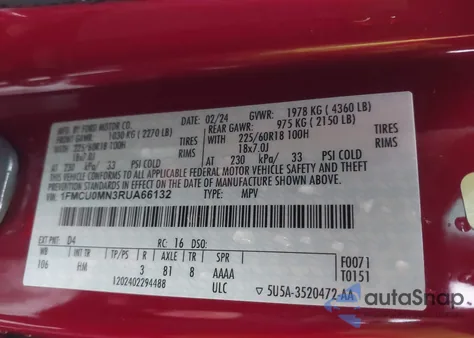 2024 Ford Escape St-Line z USA, uszkodzony, nr VIN 1FMCU0MN3RUA66132